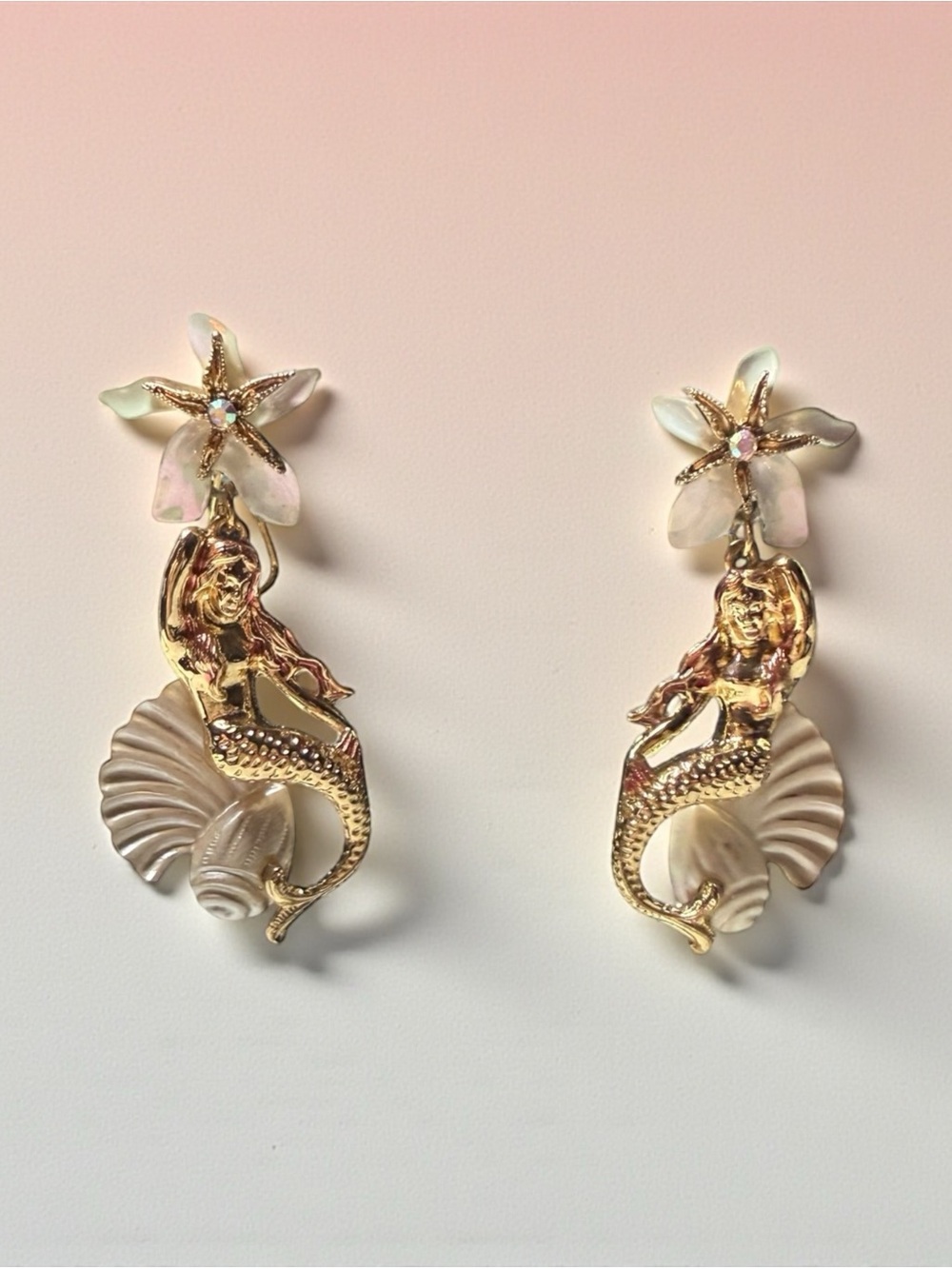 Betsey Johnson Mermaid Shell Drop Earrings Gold Tone Fantasy Coastal